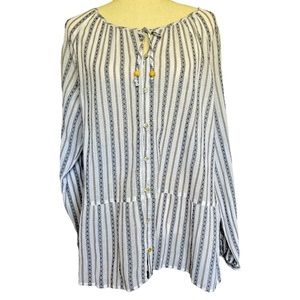 J Jill White Black Striped Cotton Drop Waist Top L